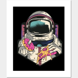 Astronaut in space with pizza and donut Posters and Art